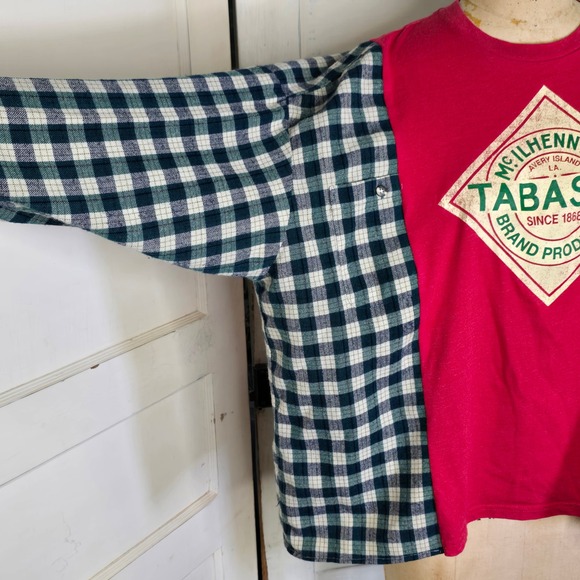 Upcycled‎ ome of a kind Tabasco tshirt plaid flannel OS - Picture 2 of 5